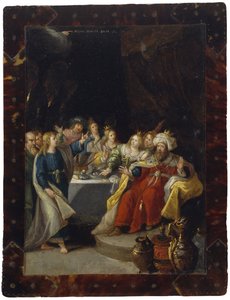 Belsasarfesten, ingen dato (olje på kobber) av Circle of Frans Francken the Younger