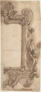 Design for en halvramme dekorert med engler, volutter og kranser., 1634-89. av Ciro Ferri.