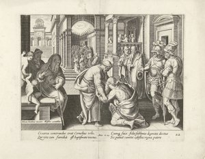 Cornelius kneler foran Petrus Apostlenes gjerninger (serietittel) Acta Apostolorum (serietittel) av Claes Jansz. Visscher (II) (attributed to workshop of)
