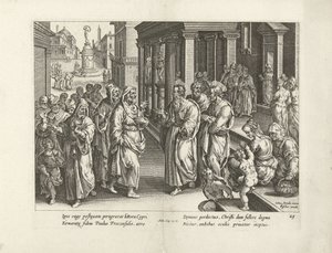 Paul krangler med trollmannen Elymas Apostlenes gjerninger (serietittel) Acta Apostolorum (serietittel) av Claes Jansz. Visscher (II) (workshop of)