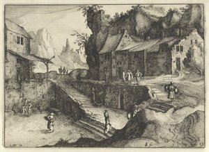 Fjelllandsby med hus og trapper Nederlandske landskap (serietittel) Amaeniores Aliquot Regiunculae (serietittel på objekt)