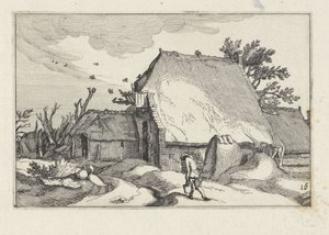 Gård og mann med to bøtter Landskap med gårder (serietittel) av Claes Jansz. Visscher (II)