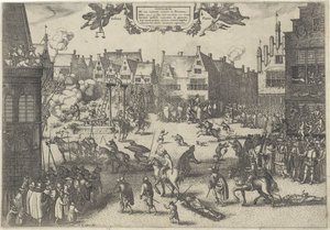 Henrettelse av Conspirators of the Gunpowder Treason, 1606 Supplicium de octo coniuratis sumtum i Britannia (tittel på objekt) av Claes Jansz. Visscher (II)