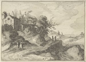 Kapell på en svingete landevei Nederlandske landskap (serietittel) Amaeniores Aliquot Regiunculae (serietittel på objekt) av Claes Jansz. Visscher (II)