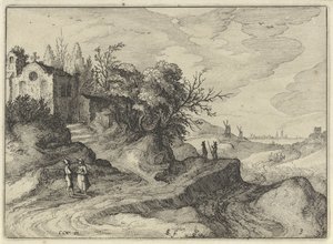 Kapell på en svingete landevei Nederlandske landskap (serietittel) Amaeniores Aliquot Regiunculae (serietittel på objekt) av Claes Jansz. Visscher (II)