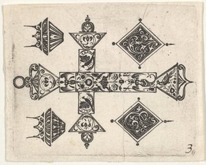 Svarttrykk med latinsk kors og fire motiver, ca. 1620. av Claes Jansz Visscher
