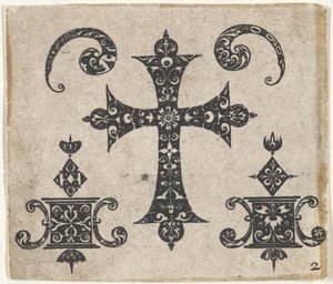 Svarttrykk med latinsk kors og små motiver, ca. 1620. av Claes Jansz Visscher