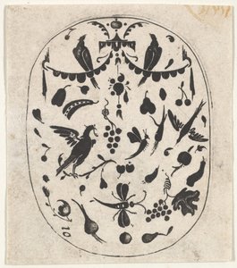 Ovalt svartarbeidstrykk med fugler, insekter og frukt, ca. 1620. av Claes Jansz Visscher