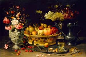 Stilleben av frukt og blomster, 1608-1621