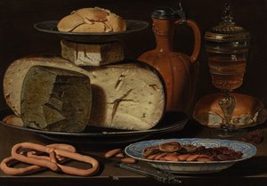 Stilleben med ost, mandler og kringler, ca. 1615