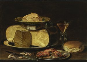 Stilleben med oster, Glas à la façon de Venise og sjøkreps på tinnfat