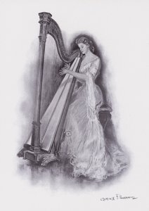 Kvinne spiller en harpe (farge litho)