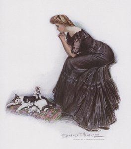 Kvinne ser på en katt og kattungene hennes av Clarence F. Underwood