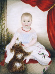 Baby med rangle og hund, 1842. av Clarissa Peters