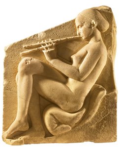 En aulos-spiller. Afrodites alter, såkalt Ludovisi-trone, venstre panel, ca 430 f.Kr.