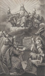 Allegorisk skikkelse dukket opp på skyene over hodet mens en gruppe menn samlet under ser ut..., 1728.