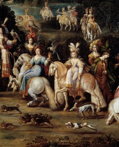 Ecuyeres jaktfalk Detalj fra et maleri av Claude Deruet (1588-1662). Dim. 1,14 x 2,58 m av Claude Deruet