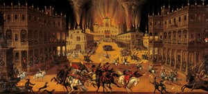 De fire elementene: ild. Utstillings- og hesteturnering på Louis XIIIs tid. Til høyre deltar kostymekongen i showet på hesteryggen, mens kardinal Richelieu observerer scenen fra en balkong. Maleri av Claude Deruet (1588-1662) 1640 O av Claude Deruet