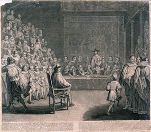 Rettssak mot kong Charles I, Palace of Westminster, c1725 av Claude Dubosc