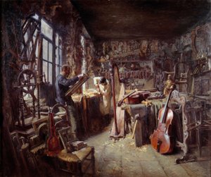 En restauratør i verkstedet sitt fullt av instrumenter. Maleri av Claude Firmin (1864-1944) 1896 Avignon musee Calvet Oppmerksomhet! Bruk av dette verket kan være underlagt en tredjeparts autorisasjonsforespørsel eller tilleggsgebyrer av Claude Firmin