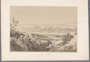 Landschap met zicht op ruiner av Korinth Plain og Gulf of Corinth (tittel på objekt) Utsikt over de mest kjente stedene i antikkens Hellas (...) (serietittel) av Claude Félix Théodore Caruelle d