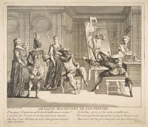 Harlekin misfornøyd med maleren sin.n.d. Skapere: Claude Gillot, Jacques Gabriel Huquier.