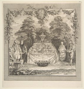 Snacket tilberedt i en hage.n.d. Skapere: Claude Gillot, Jacques Gabriel Huquier.