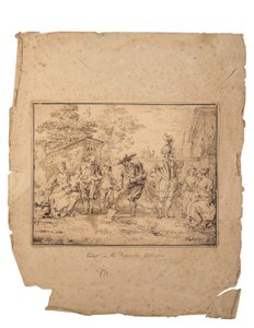 Les quatre âges de la vie: Syv figurer i en hage, en graver med en spade (penn og brunt blekk) av Claude Gillot