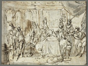 Skuespillerne gjør seg klare (recto); Studier av den hellige familie og døperen Johannes (verso) av Claude Gillot