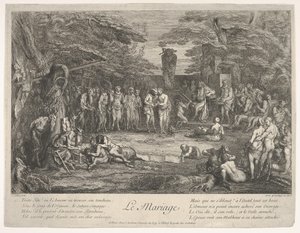 Ekteskapet Le Mariage: i en skog gifter en gammel satyr seg med den forlovede i cen..., ca. 1700-1720. av Claude Gillot