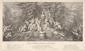 Dianafestivalen, avbrutt av satyrene Feste de Diana, perturbée par des Satyres..., ca. 1786. av Claude Gillot