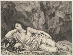 St. Maria Magdalen liggende i en grotte. av Claude Goyrand