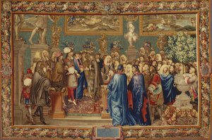 En audiens gitt av Ludvig XIV til greven av Fuentes... ved Louvre, 24. mars 1662, ca 1730. av Claude I, Ballin