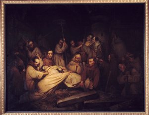 Greven av Comminges. Siste scene av minnesmerkene til greven av Comminges som representerer greven av Comminges som anerkjenner Adelaide etter hans død. Maleri etter romanen av Francois de Baculard d