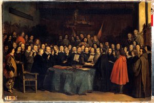 Freden i Westfalen, edsavleggelsen etter ratifiseringen av freden mellom spanjolene og Needlanders, ved rådhuset i Munster 15.05.1648. De avsluttet trettiårskrigen. Maleri av Claudius Jacquand
