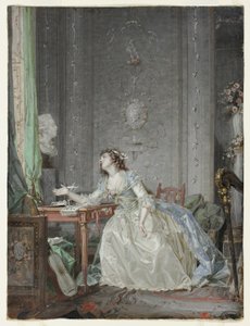 Interiør med et portrett av en ung dame før en byste av Claude Jean Baptiste Hoin