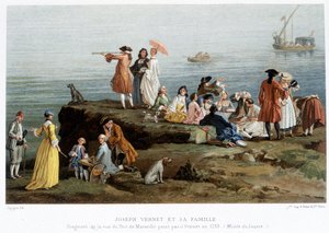 Joseph Vernet og hans familie - repro fra 1800-tallet. av et fragment av utsikten over havnen i Marseille malt av Vernet i 1753 (Louvre-museet)