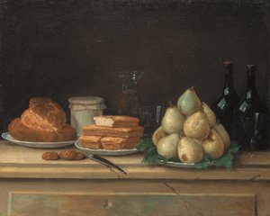Pærer og brød på tallerkener, med flasker vin og glass på en steinhylle (olje på lerret) av Claude Joseph Fraichot