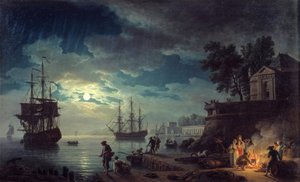 Måneskinnsfiske Nattutsikt over en havn med menn som lager bål. Maleri av Joseph Vernet av Claude Joseph Vernet