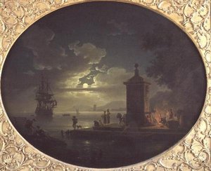 Natt: Et månebelyst kystlandskap med Fisherfolk ved en ild på en kai, en krigsmann bortenfor av Claude Joseph Vernet