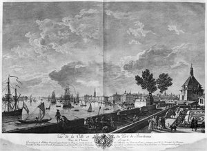 Utsikt over byen og havnen i Bordeaux sett fra Chateau Trompette, serie av "Les Ports de France", gravert av Charles Nicolas Cochin den yngre av Claude Joseph Vernet