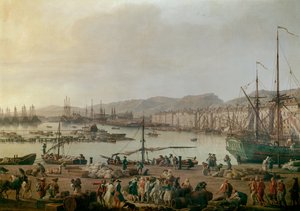 Utsikt over havnen i Toulon Detail, den gamle havnen, utsikt tatt fra kysten av butikkene. Maleri av Joseph Vernet (1714-1789) 1756. Paris, Musee de la Marine - Utsikt over havhavnen i Toulon. Detalj. Maleri av Joseph Vernet (1714-1789), olje på lerret