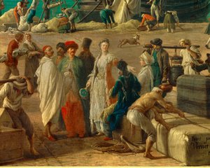 detalj av: Havnen i Marseille på 1700-tallet”” Detalj som representerer lossing av varer. Maleri av Joseph Vernet (1714-1789) Paris fra 1700-tallet. Marinemuseum av Claude Joseph Vernet