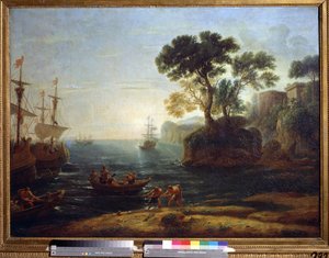 Ankomst av Aeneas til Italia. Opprettelsen av Romerriket. (Ankomst av Aeneas til Italia. Romerrikets morgen). Maleri av Claude Gellee sa Claude Le Lorrain (1600-1682). Olje på lerret. Barokk kunst. Pushkin Museum of Fine Arts, Moskva