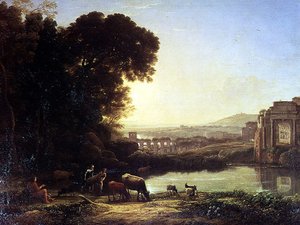 Storfe og geiter drikker ved en ruin av Claude Lorrain