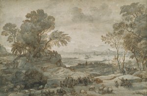 Landskap med Kristus som forkynner bergprekenen (penn og brunt blekk med grå vask på papir) av Claude Lorrain
