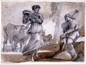Rural Dance (svart og rødt kritt og vask på papir) av Claude Lorrain