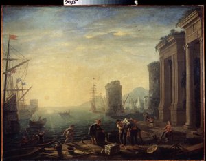 Morgen i havnen. Morgen i havnen. Maleri av Claude Gellee, kjent som Le Lorrain (1600-1682). Olje på lerret