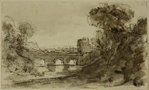 Italiensk elvelandskap med bro med tårn av Claude Lorrain