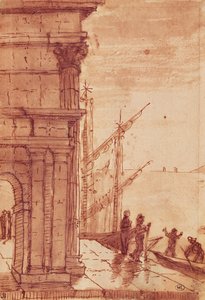 Landingsstadium ved soloppgang (penn, brunt blekk, brun vask og svart fargestift) av Claude Lorrain